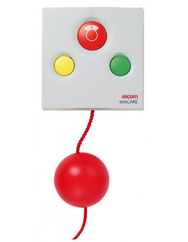 Tirette d'appel et d'annulation avec cordon, 1 bouton rouge avec symbole infirmière + 1 voyant, 1 bouton vert + 1 voyant, 1 bout
